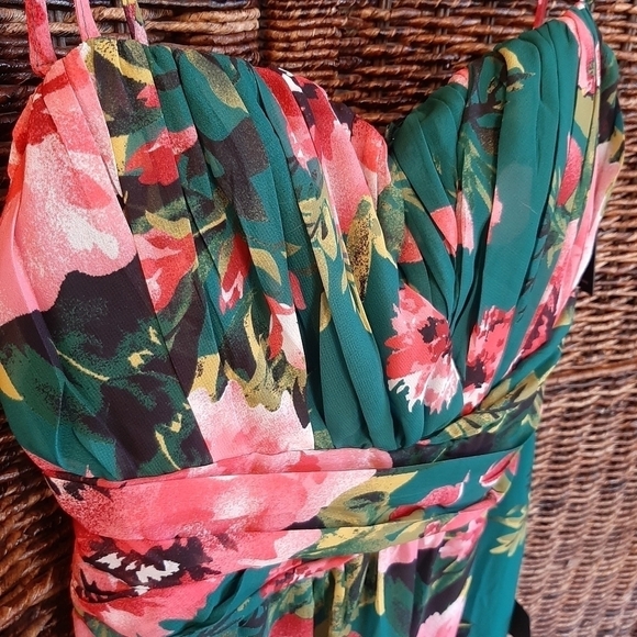 Lulus Women's XL Floral Chiffon Pleated Romantic Sweetheart Neck Midi Dress Tea - Picture 4 of 11